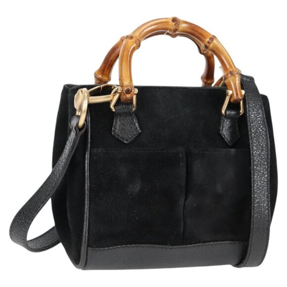 GUCCI Bamboo Hand Bag Suede 2way Black Gold 007 1793 0238 Auth ki5837 - Picture 1 of 16